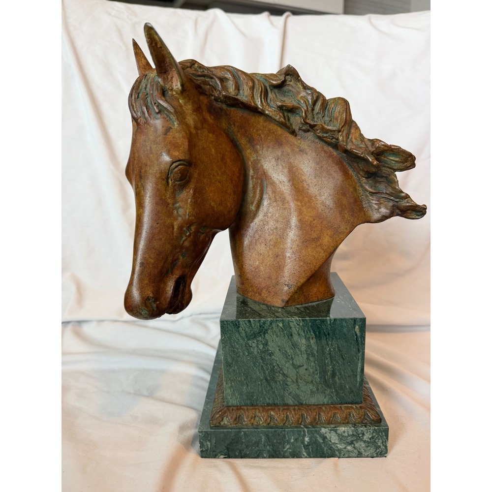 Vintage Bronze Tone Horse Head Bust Sculpture on Tiered Green Marble Base
